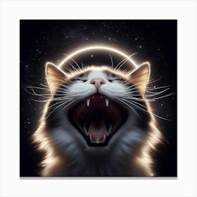 This is an image of a cat with its mouth wide open and its eyes closed in an expression of pure bliss. The cat is surrounded by a glowing halo and is set against a background of stars. The image is both beautiful and thought-provoking, and it invites viewers to consider the nature of cats and their place in the universe. Canvas Print