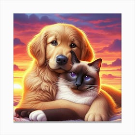 Golden Retriever And Cat 4 Canvas Print