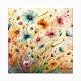 Whimsical Watercolor Painting Of Whimsical Wildflowers Dancing In The Wind, Style Watercolor Illustration 3 Canvas Print