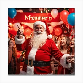 A Festive Christmas Scene With A Cheerful Man Dressed As Santa Claus Holding A Sign Fingers Pointin (6) Canvas Print