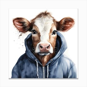 Watercolour Cartoon Cattle In A Hoodie 2 Canvas Print