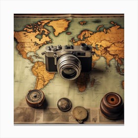 Vintage Camera On A World Map Canvas Print
