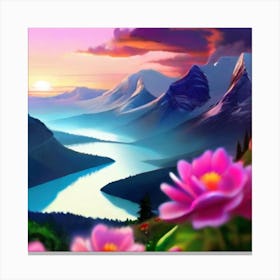 Mountain Landscape With Pink Flowers Canvas Print