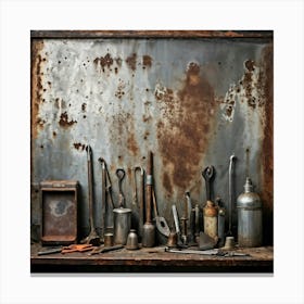 A Collection Of Vintage Industry Tools Scattered In The Foreground Features Highlighted By A Grungy 1 Canvas Print