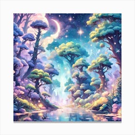 A Fantasy Forest With Twinkling Stars In Pastel Tone Square Composition 77 Canvas Print