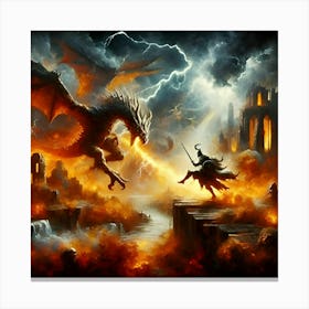 A Dramatic Battle Scene Featuring A Knight Fighting A Dragon In Fiery Ruins With Lightning Bolts Striking Dynamically Posed Combatants, Depicted In A Stylized Painterly Style 3 Canvas Print