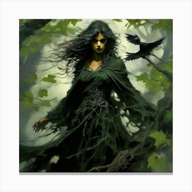 A Gust Of Wind Rustles Through The Mint Green Leaves Revealing The Silhouette Of The Ancient Witch Canvas Print