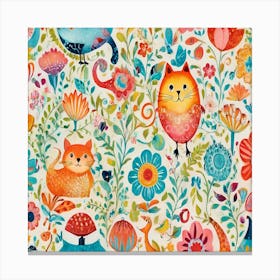 Colorful Cats And Flowers Canvas Print