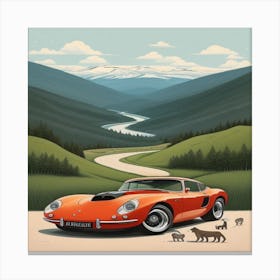 Red Car And Animals Canvas Print