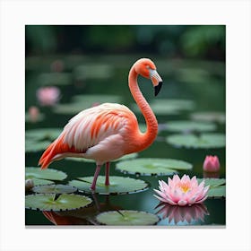 Flamingo In Water Lily Pond 1 Canvas Print