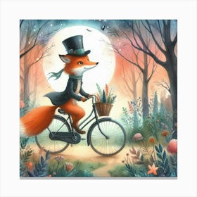 Fox Wearing A Top Hat Riding A Bicycle Through A Magical Forest (4) Canvas Print