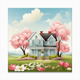 Spring House With Pink Flowers art print Canvas Print