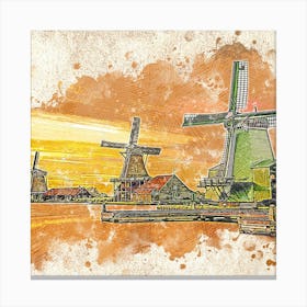 Watercolor Of Windmills Canvas Print