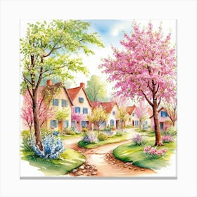 A village scene in spring, illustrated in a classic watercolor style, with trees and flowers in bloom Toile