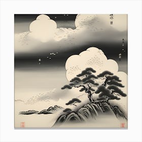 Cloudy Sky With A Tree Japanese Monochromatic Canvas Print