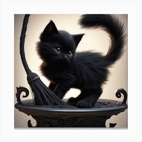 Black Cat With Broom Canvas Print