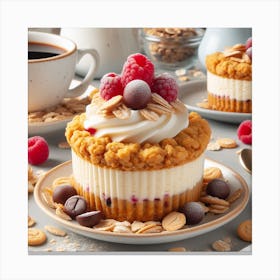 Oatmeal Cupcakes With Raspberries Canvas Print