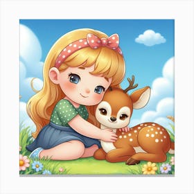 Cute Little Girl Hugging A Deer 1 Canvas Print