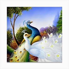 Peacocks Bird White Art Canvas Print