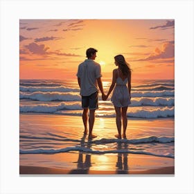 Ocean Sunset Beach With Couple Art Print (3) Canvas Print