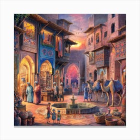 Moroccan Market At Dusk A Vibrant Watercolor Of Textiles And Traditions (4) Canvas Print