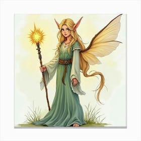 Serene Elf With A Shimmering Staff, Watercolor 1 Canvas Print