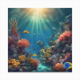 "Underwater Serenity" - tranquil underwater scene with colorful coral reefs, fish, and rays of sunlight. 1 Canvas Print