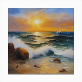 Oil painting design on canvas. Sandy beach rocks. Waves. Sailboat. Seagulls. The sun before sunset.6 Canvas Print