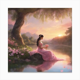 Sunset Serenity Woman By The River In A Pink Dress (3) Canvas Print