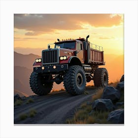 Massive Off Road Heavy Truck Climbing Rugged Mountain Terrain At Sunset 1 Canvas Print