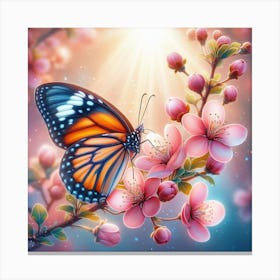 Butterfly On Blossoming Cherry Tree Canvas Print