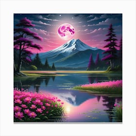 Moonlight In The Mountains With Pink Flowers And Calm lake Canvas Print