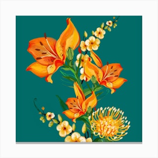Orange Flowers On Teal Square Canvas Print