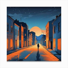 Night Scene Of A Street With A Person Walking Down The Street Art (3) Canvas Print