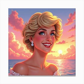 Princess Diana Smiling In A Colorful Watercolor Sunset With Pink Clouds 1 Canvas Print