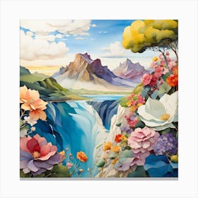 Waterfall With Flowers Canvas Print