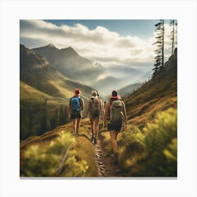 Three Hikers Hiking In The Mountains paintings art print Canvas Print