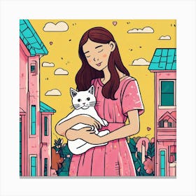 Asian Girl Holding Cat Canvas Print
