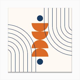 Modern Mid Century Sun, Moon Phases and Rainbow Abstract 38 in Navy Blue and Burnt Orange Canvas Print