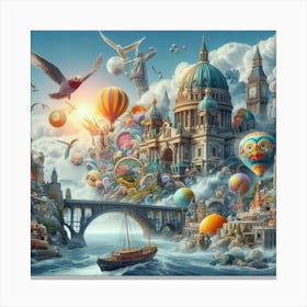 Surreal Digital Collage Merging Iconic Landmarks From Around The World With Whimsical Elements, Style Digital Surrealism Canvas Print