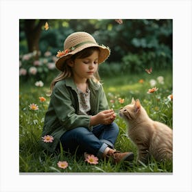 Little Girl With Cat In The Garden Canvas Print