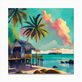 Double Exposure Of A Twin Palms And A Beach With (3) Canvas Print