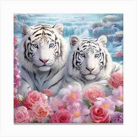 White Tiger And Roses Canvas Print