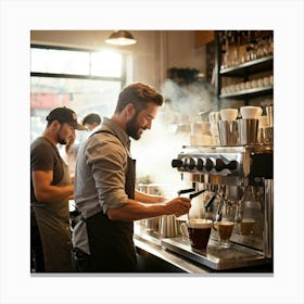 Barista Swiftly Spinning Pouring Water Into A Gleaming Espresso Machine Amidst Morning Rush In Bu Canvas Print