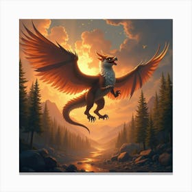 A Griffin Battling A Dragon Above A Burning Forest 1 Canvas Print