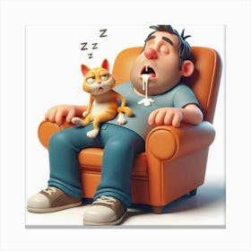 Sleepy Man With Cat Canvas Print