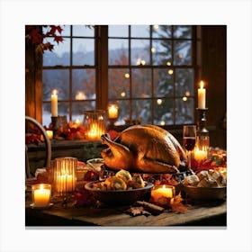 An Inviting Feast Unfolds In A Homey Abundant Setting Right At The Center A Roasted Turkey Radiati Canvas Print