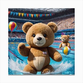 Teddy bear running on water playing ball Canvas Print