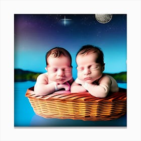 Babies floating in basket under stars Canvas Print
