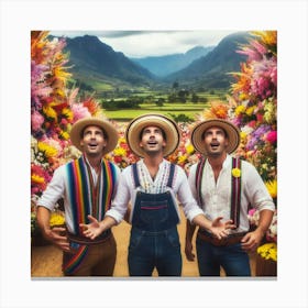 Trio Of Men In Front Of Flowers Canvas Print